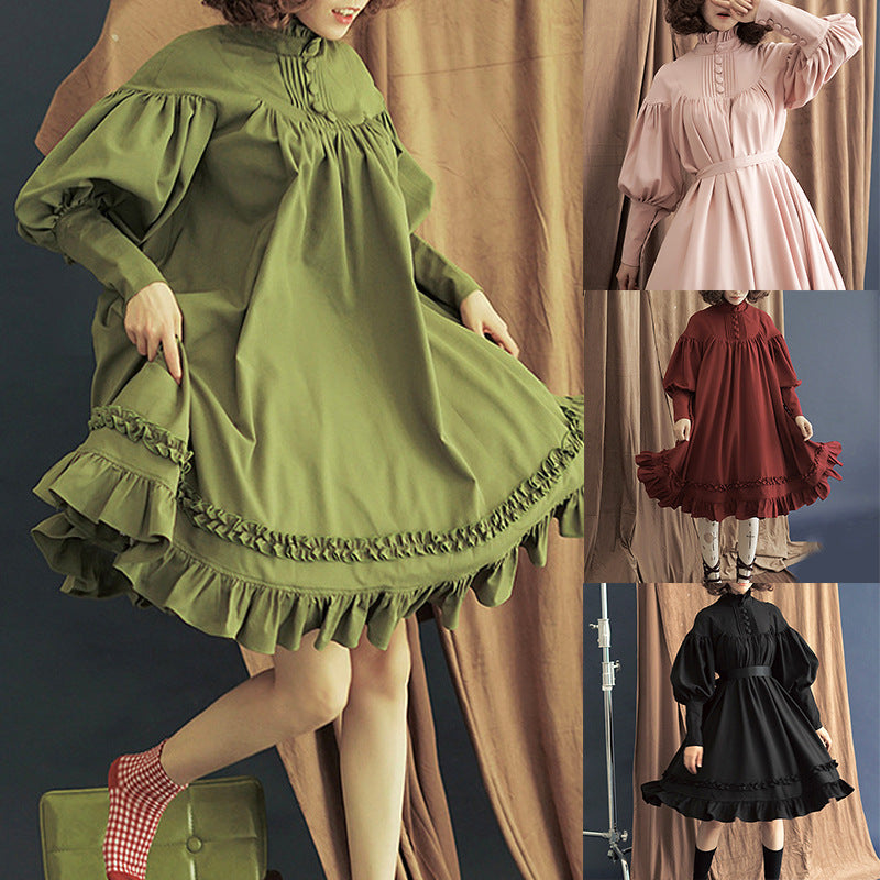 女仆COS服新款长袖宽松纽扣花边灯笼袖装饰lolita连衣裙