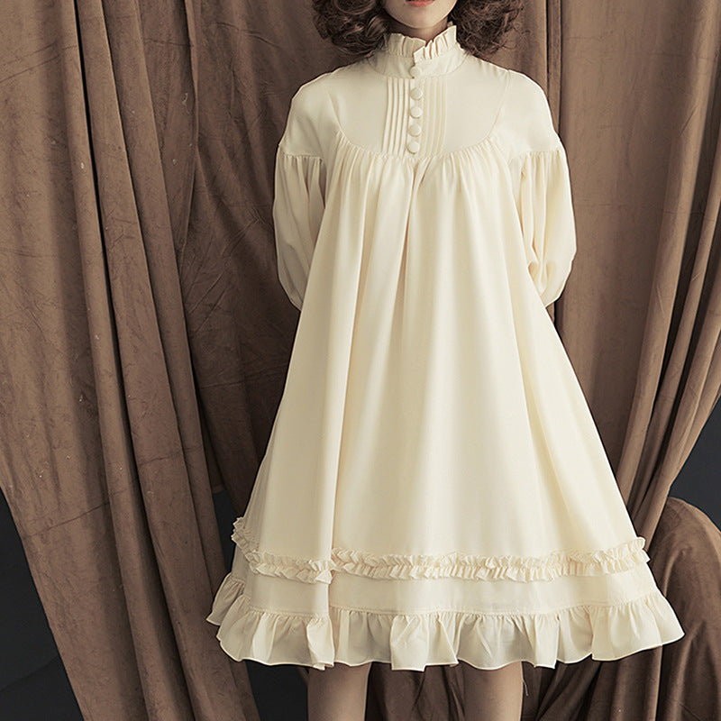 女仆COS服新款长袖宽松纽扣花边灯笼袖装饰lolita连衣裙