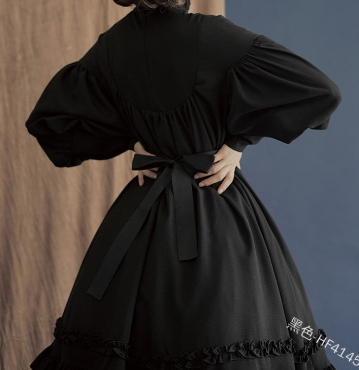 女仆COS服新款长袖宽松纽扣花边灯笼袖装饰lolita连衣裙