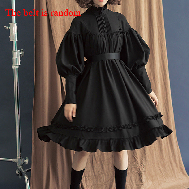 女仆COS服新款长袖宽松纽扣花边灯笼袖装饰lolita连衣裙