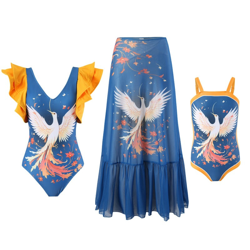 Damen Badeanzug-Set mit grafischem Design und fließendem Strandrock W&W