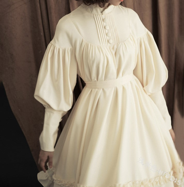 女仆COS服新款长袖宽松纽扣花边灯笼袖装饰lolita连衣裙