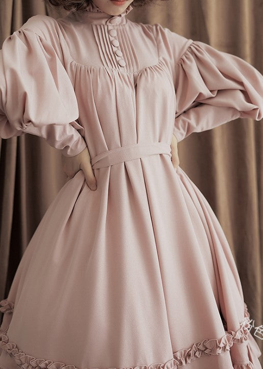 女仆COS服新款长袖宽松纽扣花边灯笼袖装饰lolita连衣裙