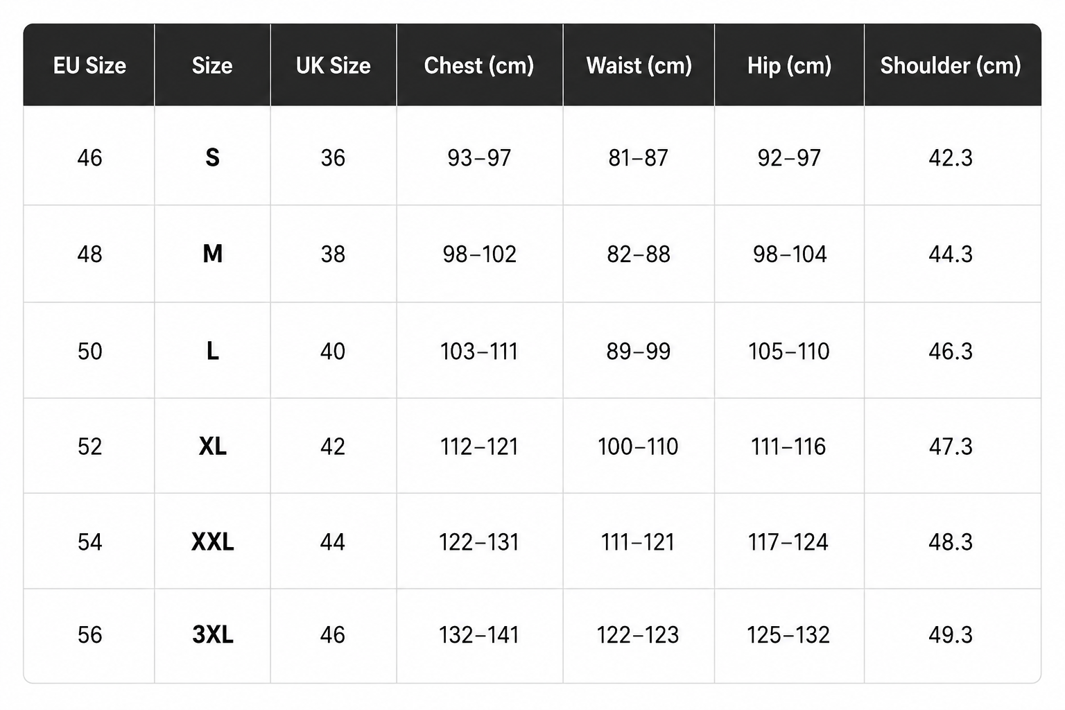 Men's clothing size chart