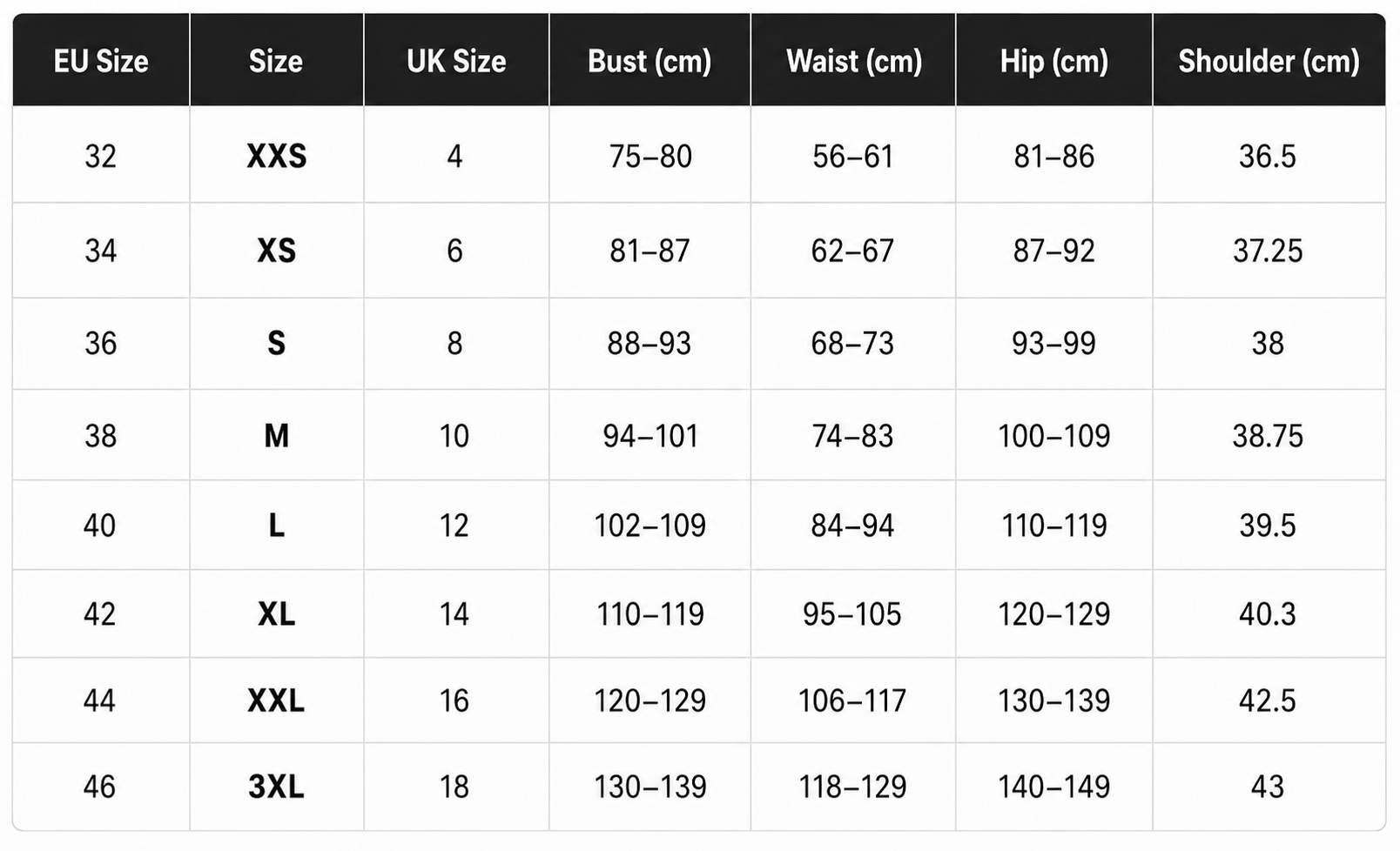 Women's clothing size chart